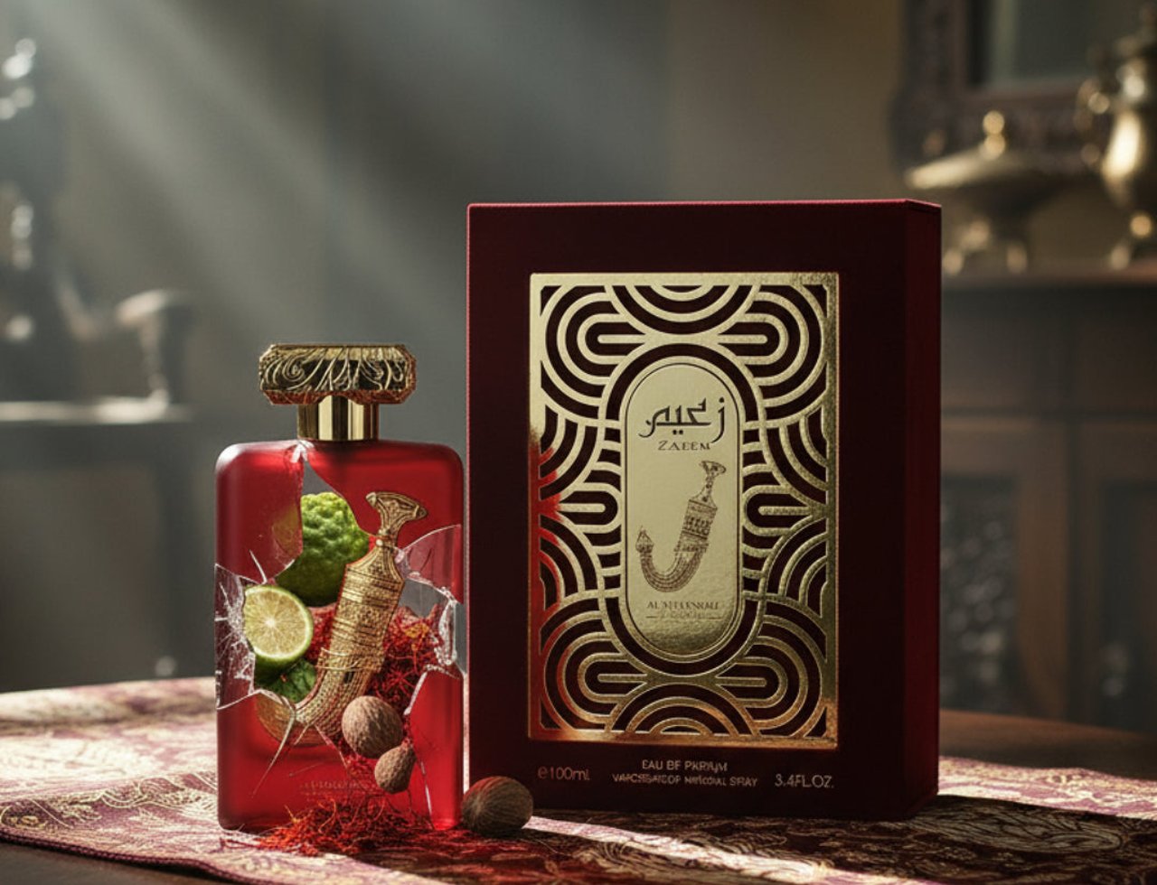Al Wataniah Zaeem by Al Wataniah Perfume for Men 100ml EDP — Botol kaca merah retak dengan buah bergamot, limau, buah pala dan saffron di atas meja dengan kotak merah berhias emas
