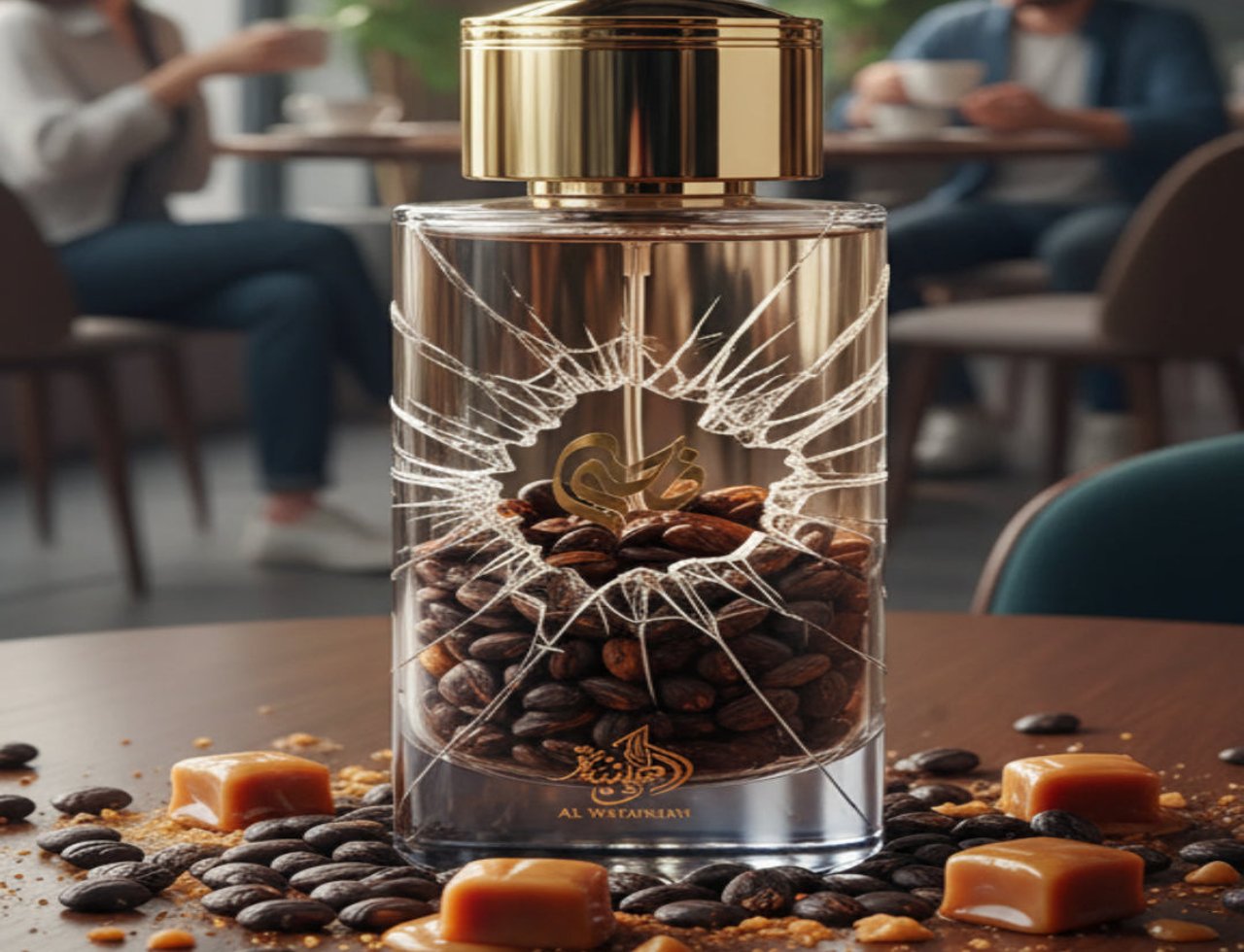 Al Wataniah Duha By Al Wataniah 100ml Her Arab Luxury — Perfume bottle filled with coffee beans, cracked glass effect