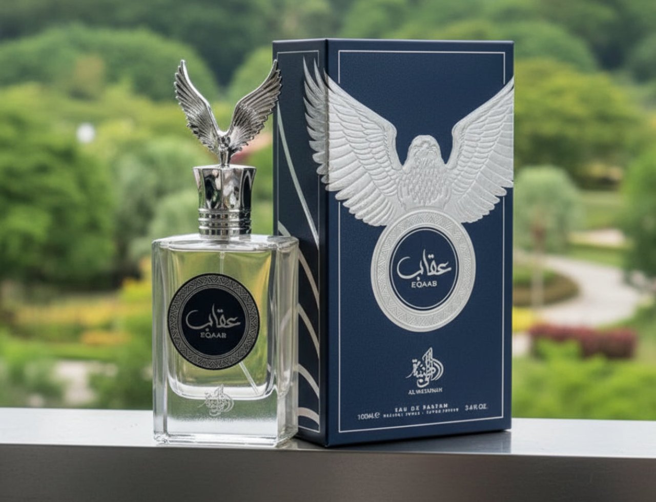 Al Wataniah Eqaab by Al Wataniah Elite 100 ml for Men — Perfume bottle with eagle topper and matching box on a balcony