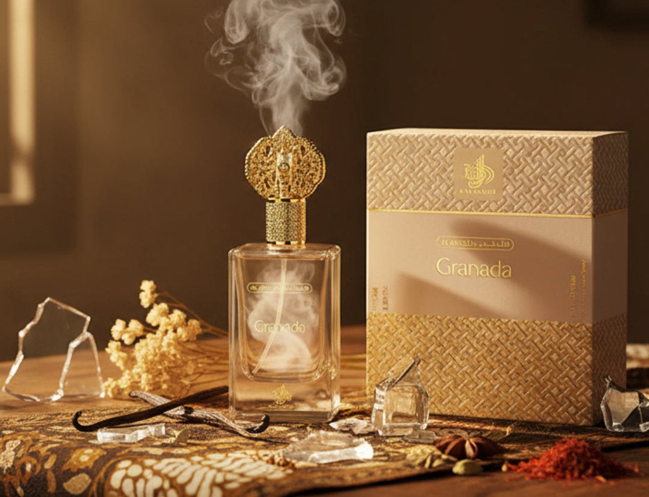 Al Wataniah Granada by Al Wataniah – Botol kaca jernih dengan penutup emas berukir, asap naik, kotak bertekstur emas, dan bahan-bahan seperti vanila dan saffron di atas meja kayu.