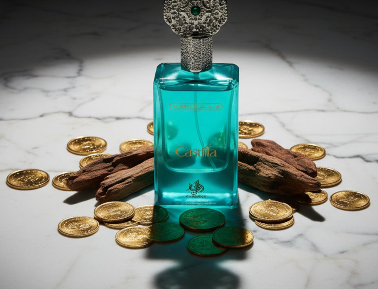 Al Wataniah Castilla by Al Wataniah Perfume Women 75ml EDP — Botol minyak wangi biru kehijauan dengan penutup perak berhias batu hijau, dikelilingi duit syiling emas dan kayu gaharu di atas permukaan marmar