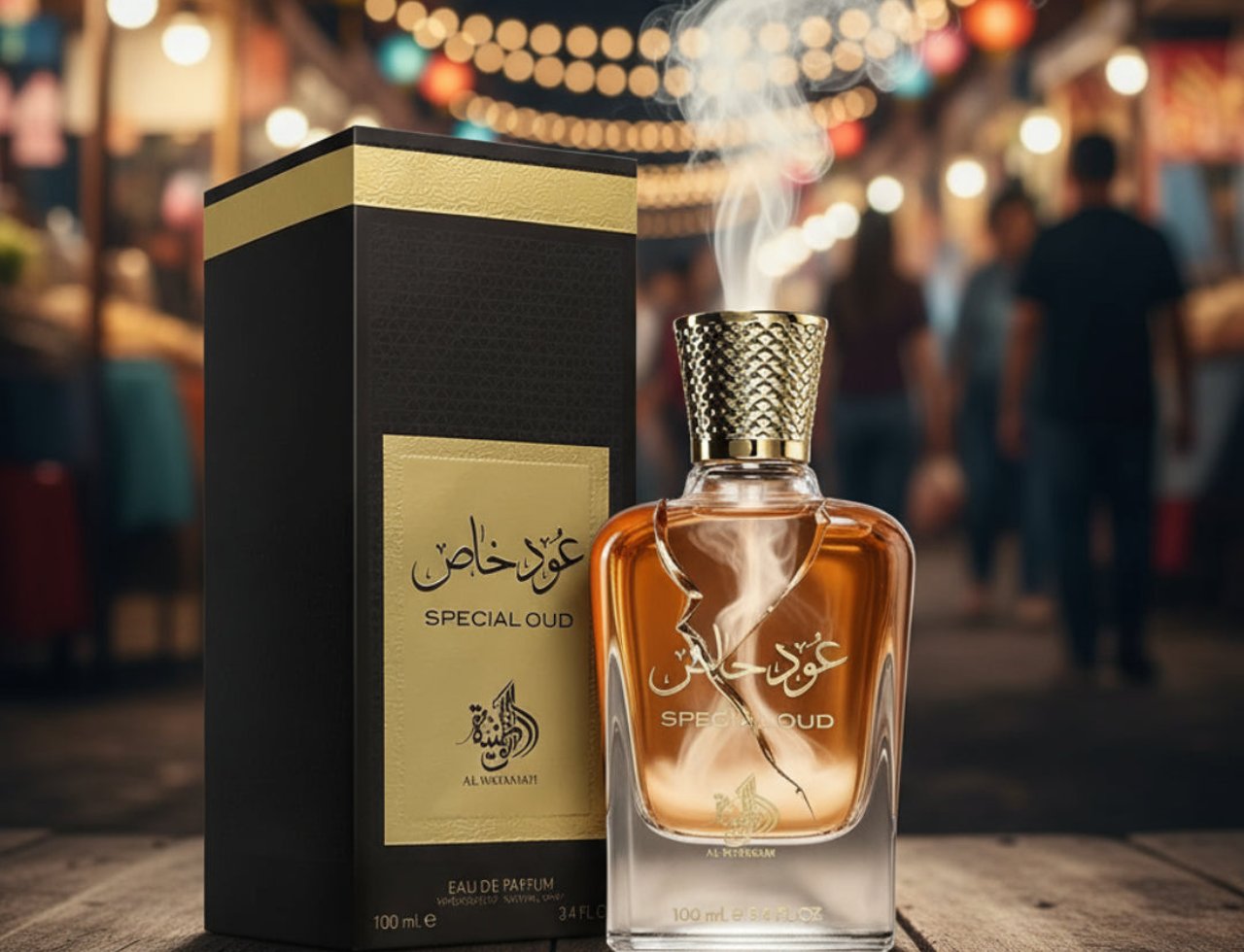Al Wataniah Special Oud — Black and gold box with Arabic script next to a clear glass bottle with gold cap, emitting smoke.