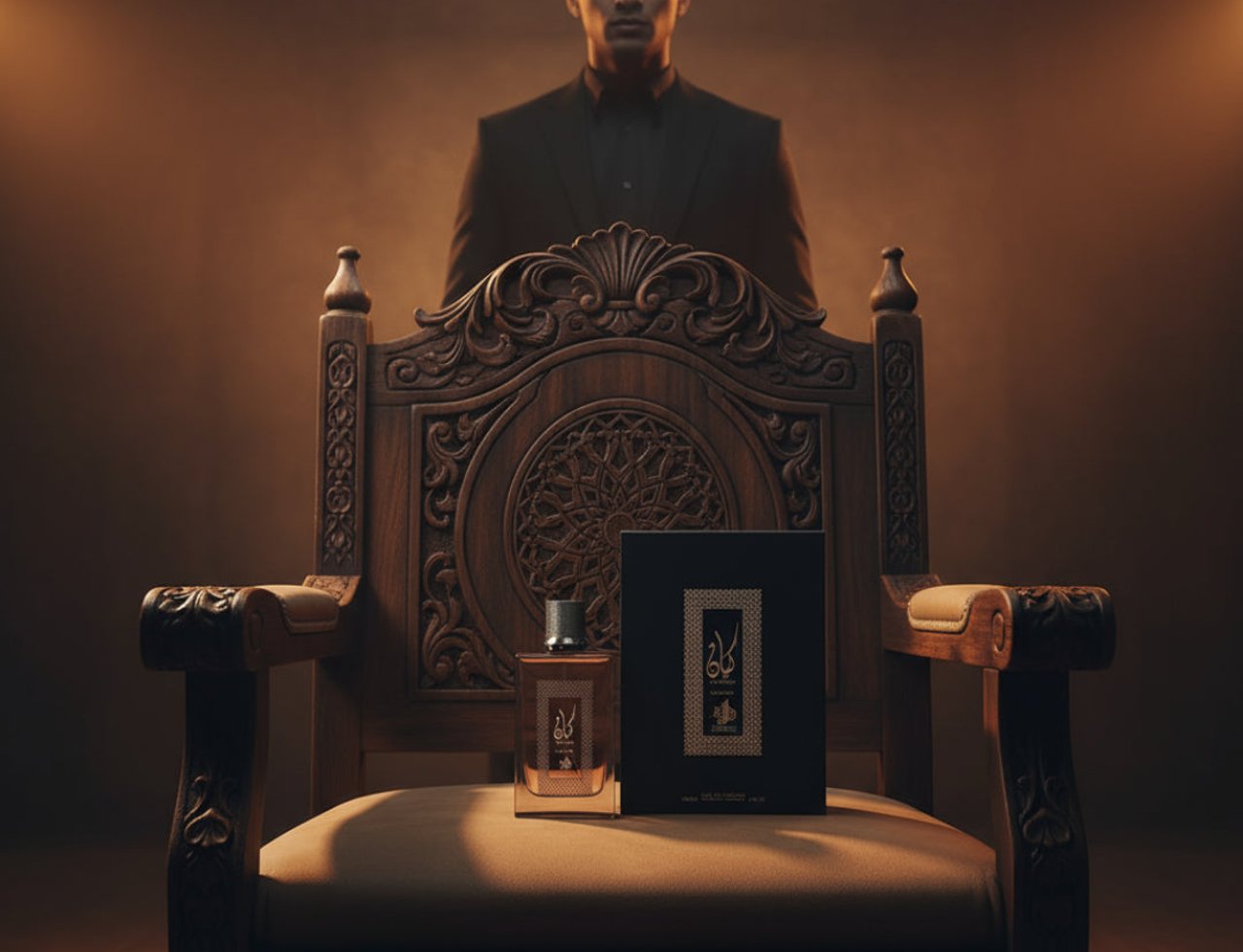 Al Wataniah Kayaan Classic — Man in suit behind ornate chair with perfume bottle and box on seat