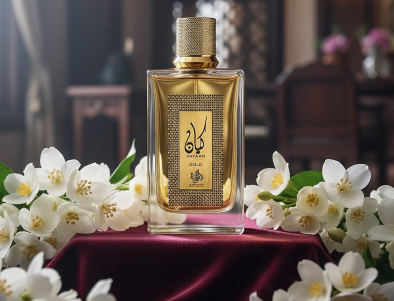 Al Wataniah Kayaan Gold by Al Wataniah 100 ml Unisex — Botol minyak wangi emas berkilat dengan penutup bertekstur emas, diletakkan di atas kain baldu merah gelap, dikelilingi bunga melur putih segar di latar belakang dalaman yang malap.
