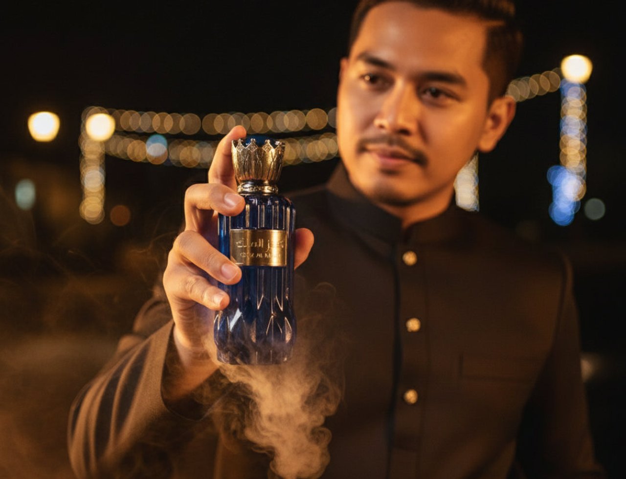 Al Wataniah Kenz Al Malik by Al Wataniah – 100 ml for Him – Lelaki memegang botol minyak wangi biru gelap dengan penutup emas, asap naik dari botol, latar belakang malam dengan lampu berona jingga dan biru.