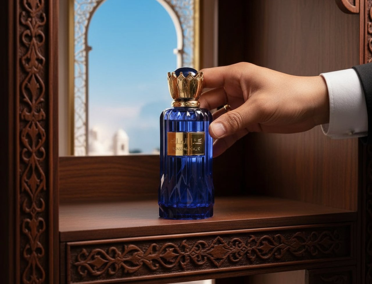Al Wataniah Kenz Al Malik — Hand holding blue glass perfume bottle with gold cap on wooden shelf, ornate window view