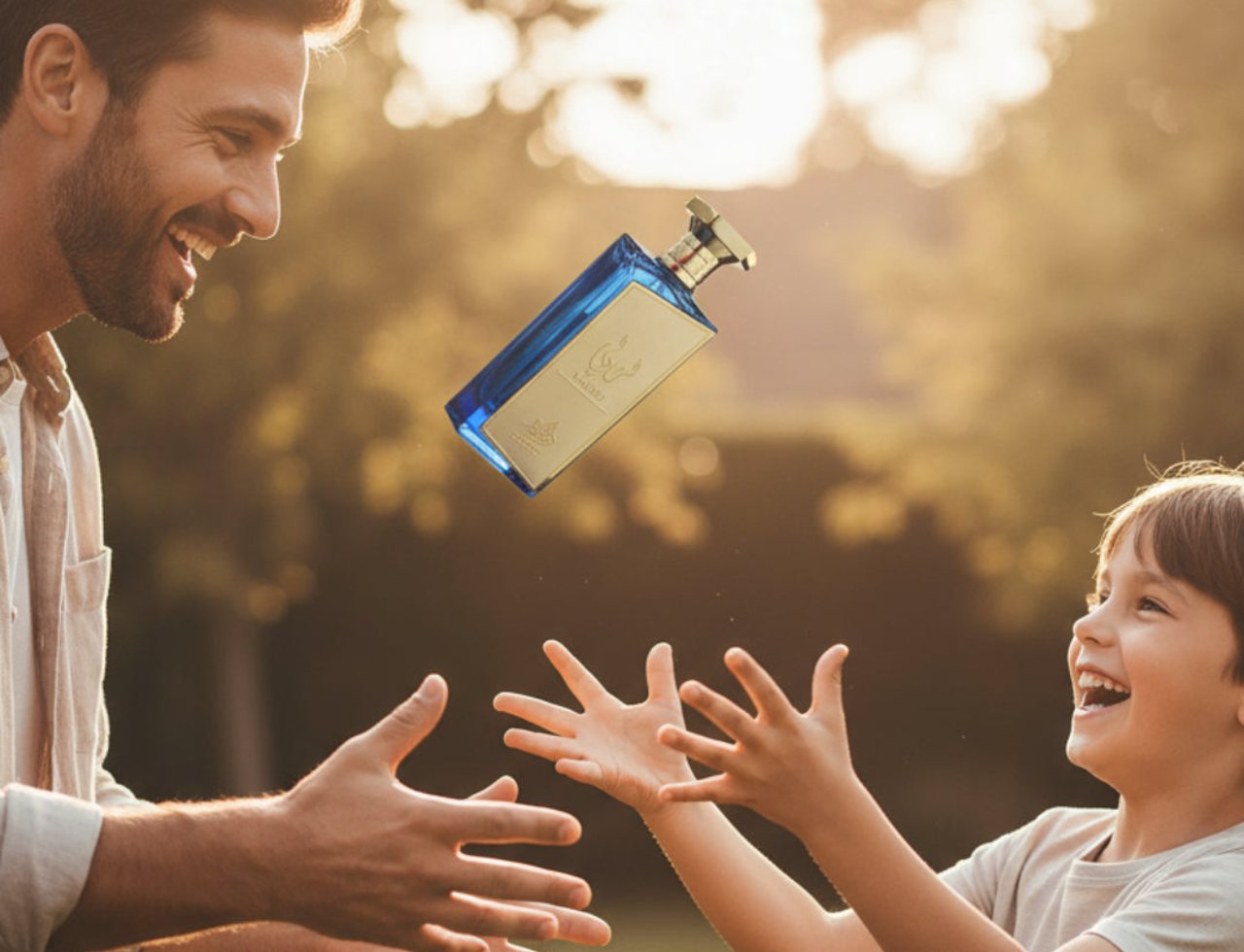 Al Wataniah Lazuli — Father and son playing catch with a blue perfume bottle outdoors in sunlight