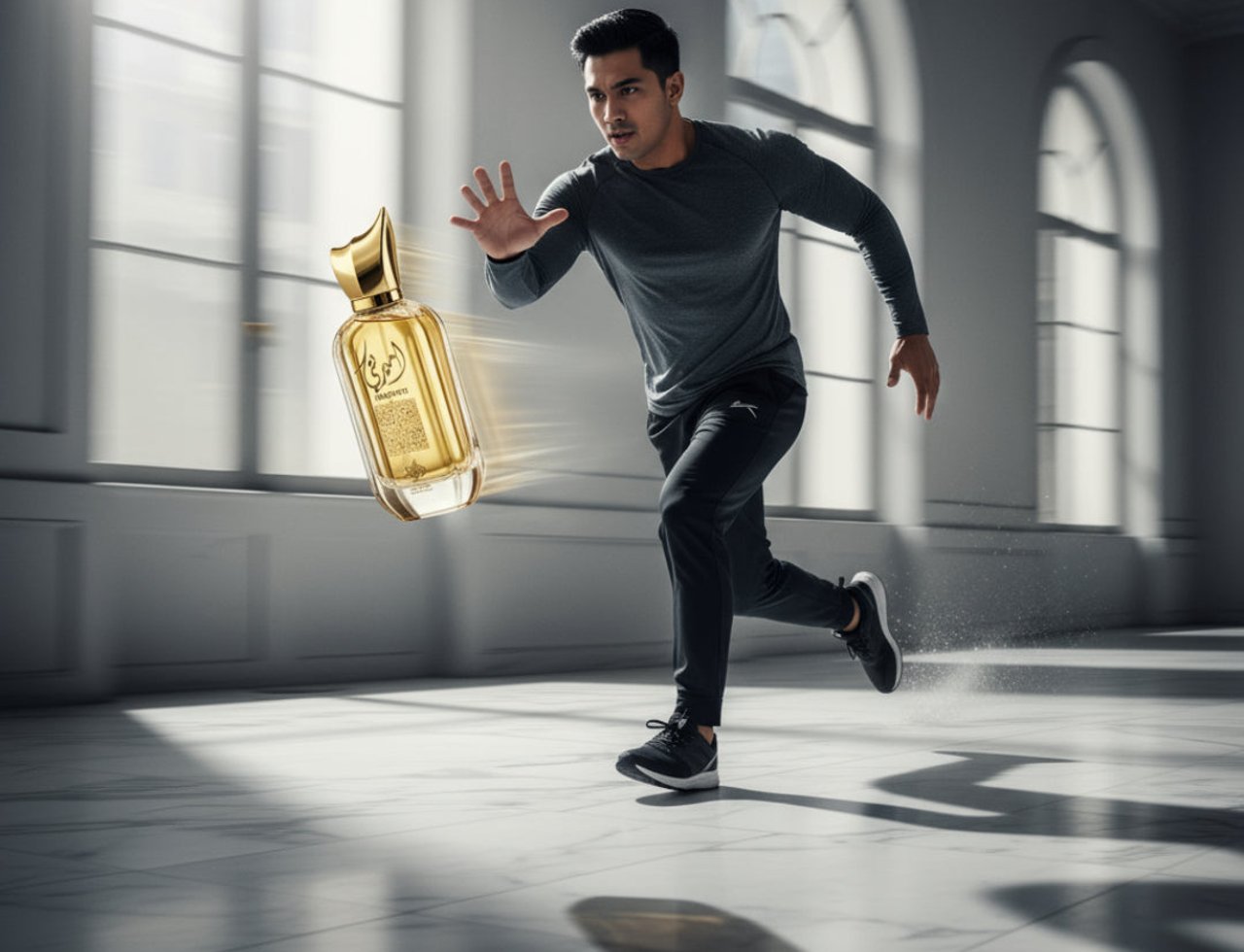 Afnan Ameerati 100ml EDP for Women — Lelaki berlari mengejar botol wangian emas yang terapung di udara dalam suasana dalaman yang terang dengan tingkap besar