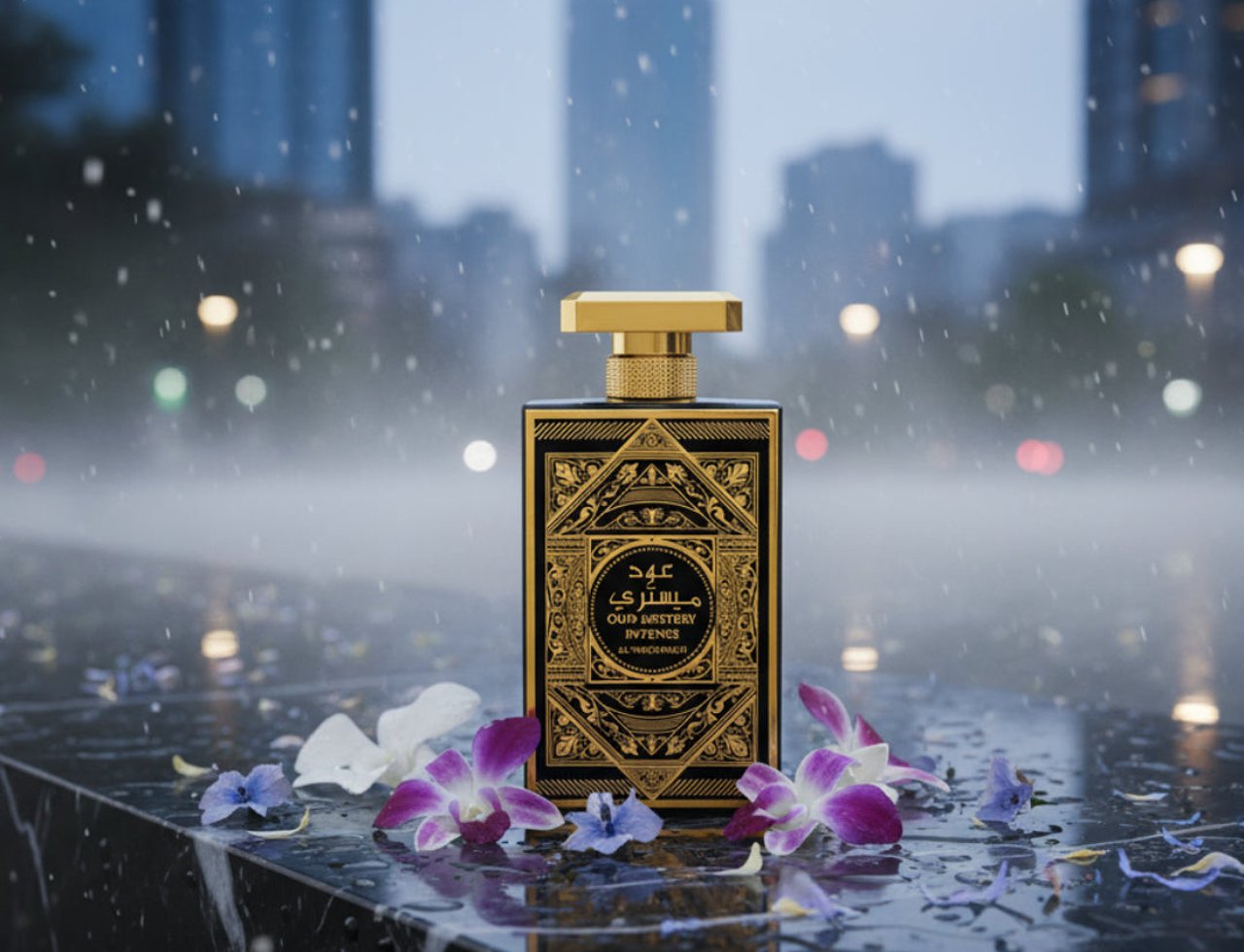 Al Wataniah Oud Mystery Intense — Black and gold perfume bottle on wet marble with scattered purple and white orchid petals