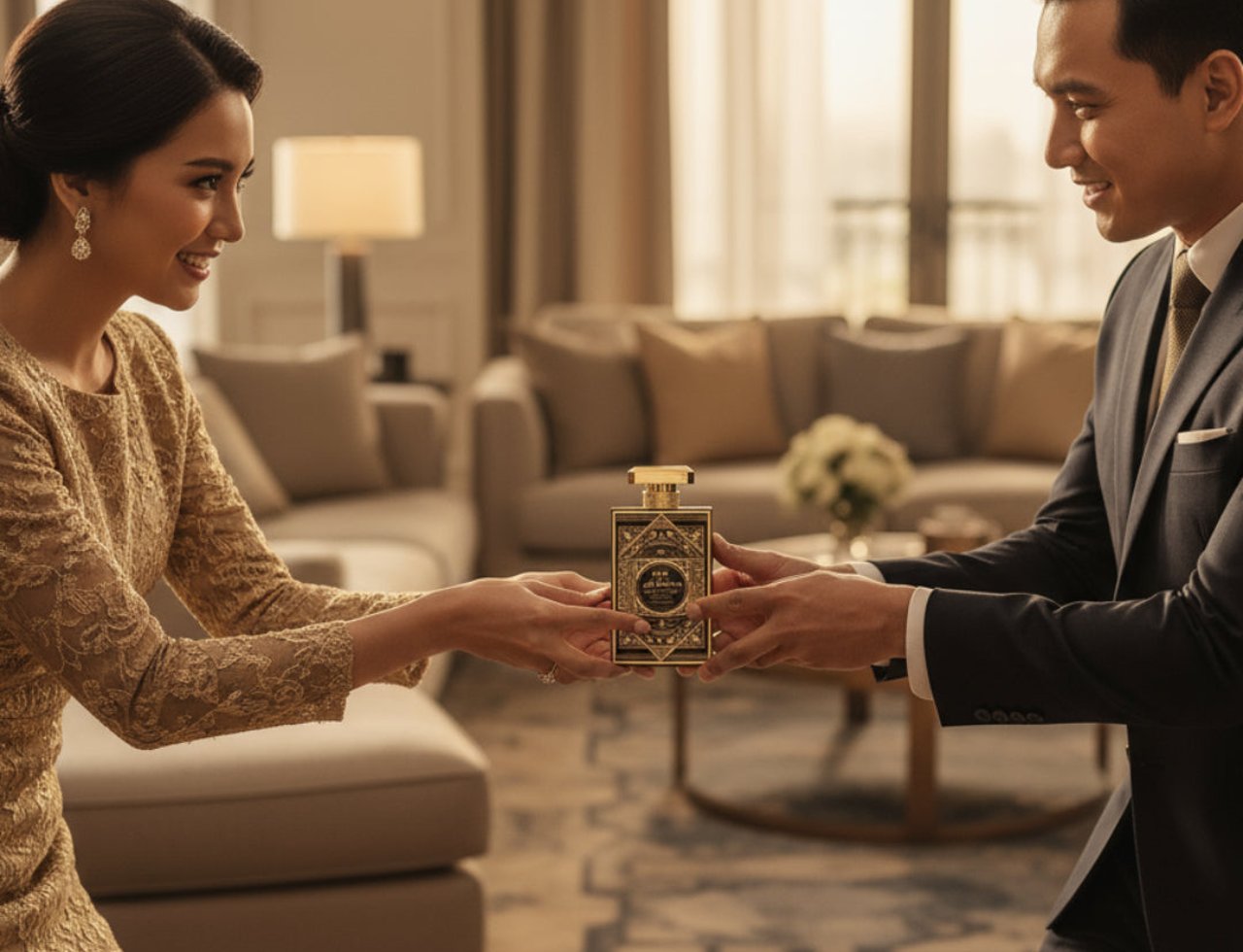 Al Wataniah Oud Mystery Intense by Al Wataniah 100ml Perfume — Pasangan elegan bertukar-tukar botol wangian mewah di dalam rumah yang mewah.