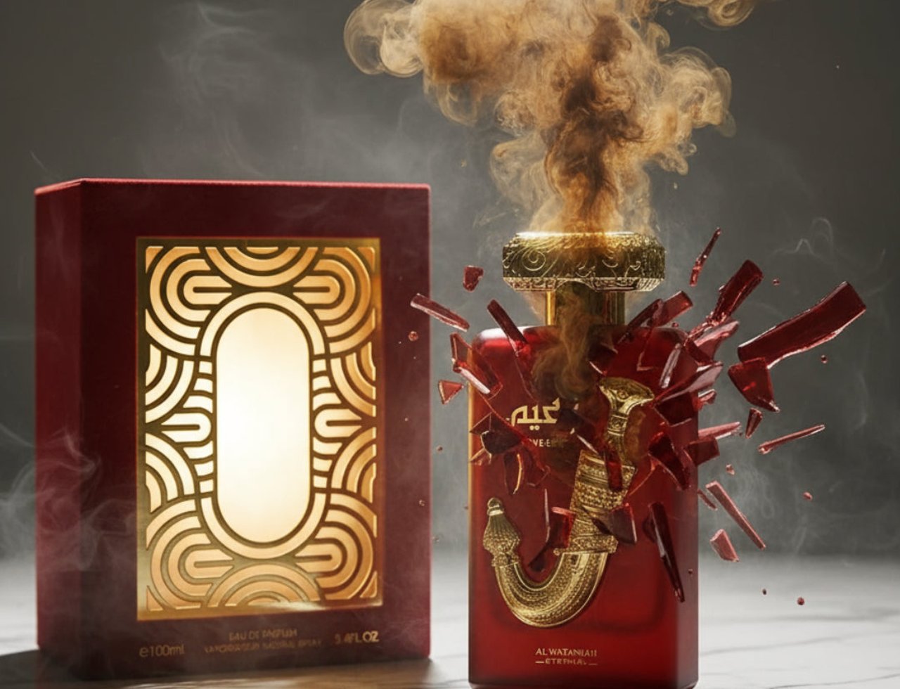 Al Wataniah Zaeem by Al Wataniah Perfume for Men 100ml EDP — Red perfume bottle exploding with gold accents and smoke, next
