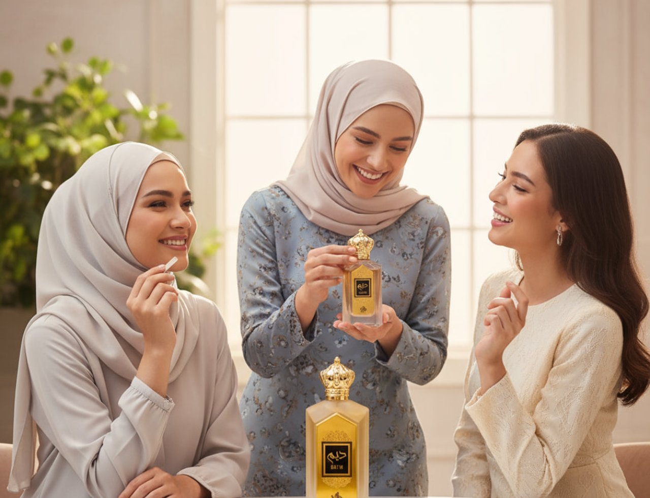 Al Wataniah Daim — Three women in hijabs and dresses smiling, holding and showing perfume bottles on a marble table.