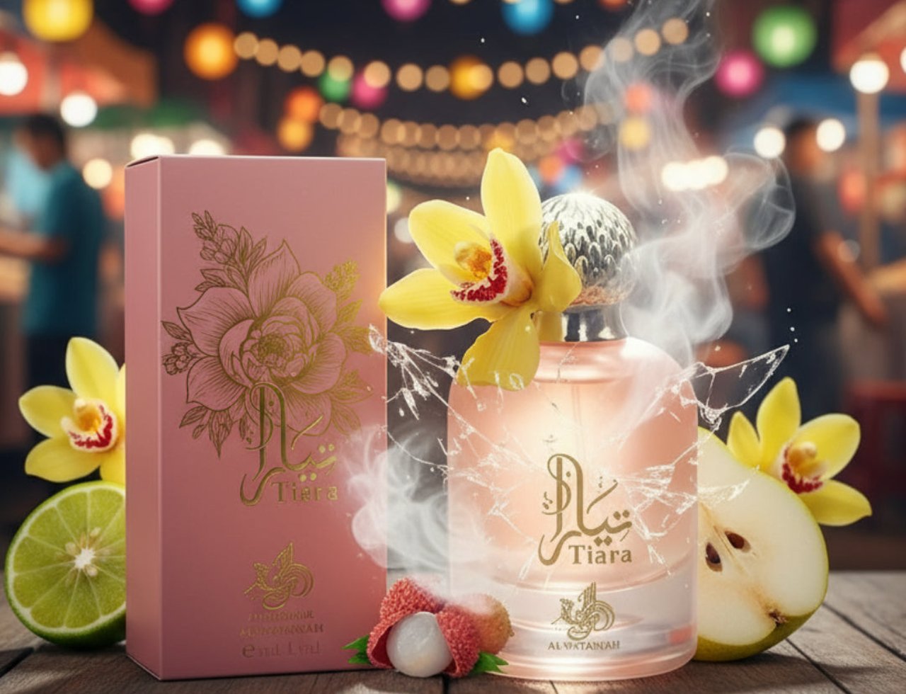 Al Wataniah Tiara Pink – Pink box, perfume bottle, yellow orchids, sliced lime, pear, and lychee on wooden surface with