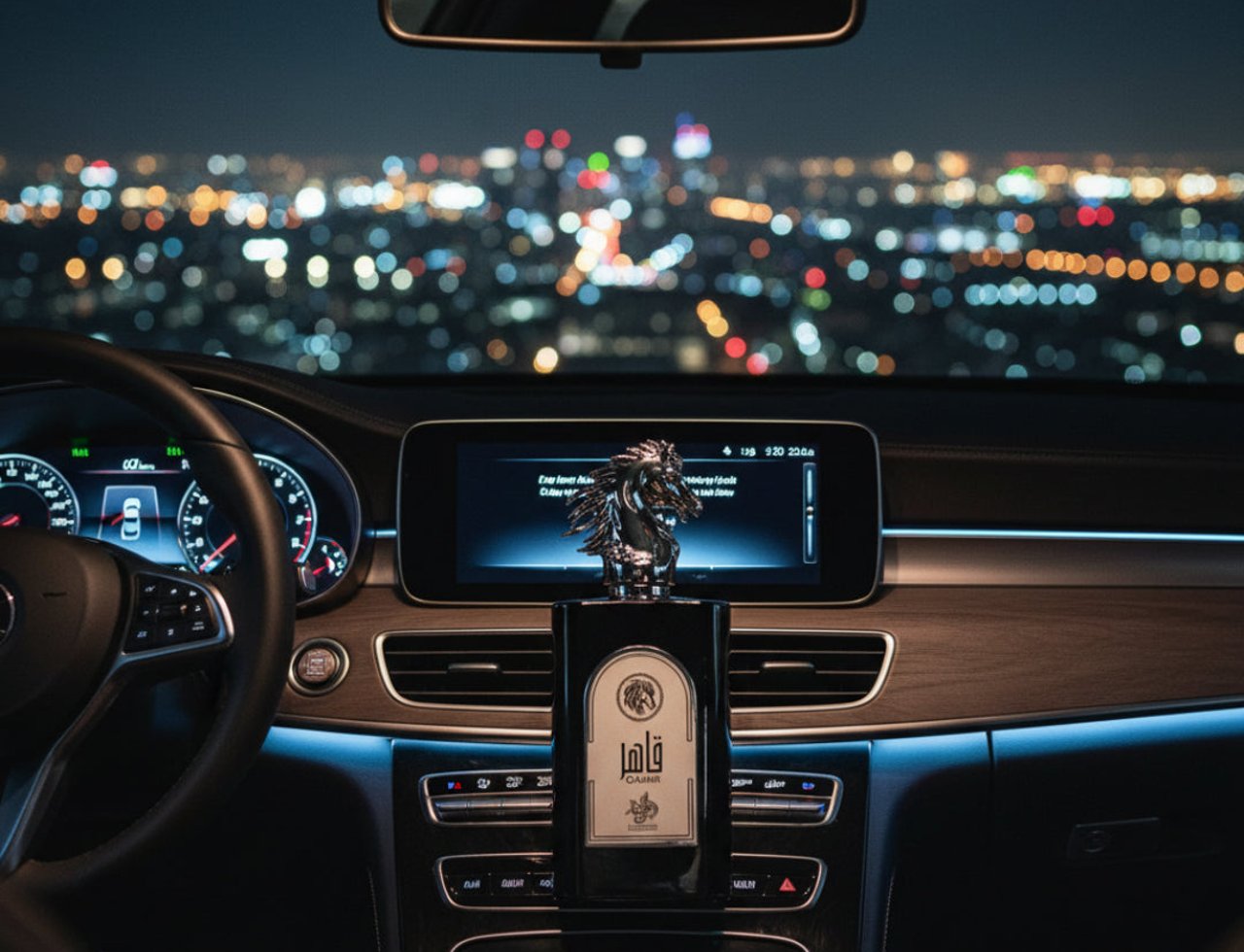 Al Wataniah Qahir Man — Car interior at night with city lights, featuring a perfume bottle with a horse emblem on the