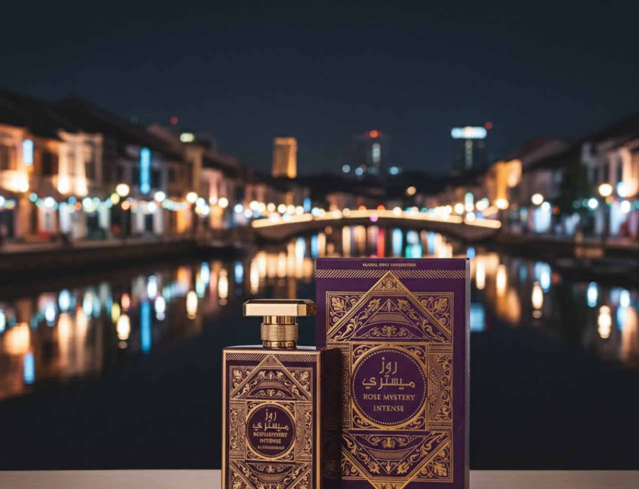 Al Wataniah Rose Mystery Intense Al Wataniah 100 ml EDP — Botol dan kotak wangian ungu berhias emas, latar belakang malam bandar tepi sungai dengan jambatan dan bangunan bercahaya