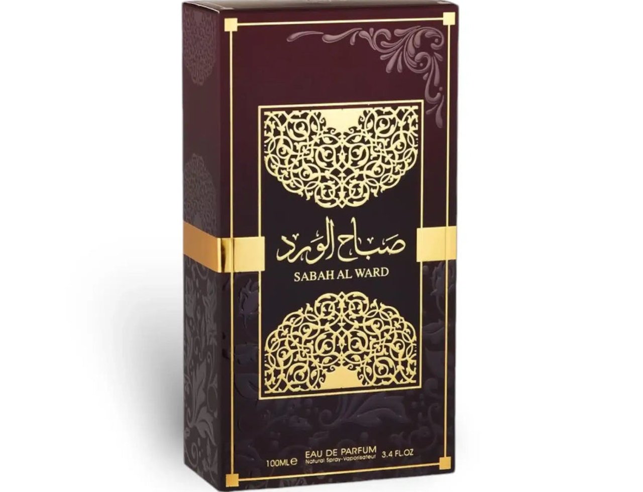 Al Wataniah Sabah Al Ward Al Wataniah 100ml EDP Women — Kotak wangian berwarna merah marun gelap dengan corak emas arabesque dan jalur emas di tengah. Teks Arab dan 'SABAH AL WARD' tertulis di bahagian hadapan.