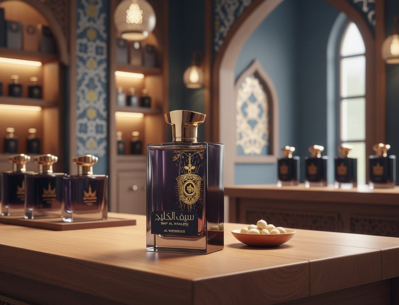 Al Wataniah Saif Al Khaleej by Al Wataniah 100 ml EDP Men — Botol wangian ungu gelap dengan penutup emas berkilat, diletakkan di atas meja kayu bersama beberapa botol lain di latar belakang dan semangkuk kecil manisan.