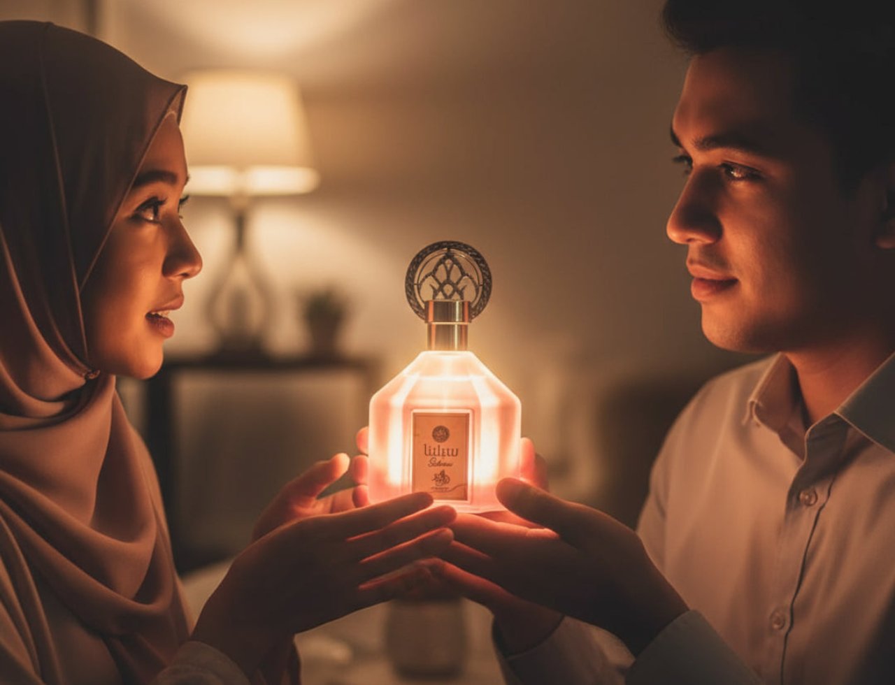 Al Wataniah Selena by Al Wataniah – 100nl For Women - Pasangan memegang botol wangian bercahaya di tangan, latar belakang malap dengan lampu meja