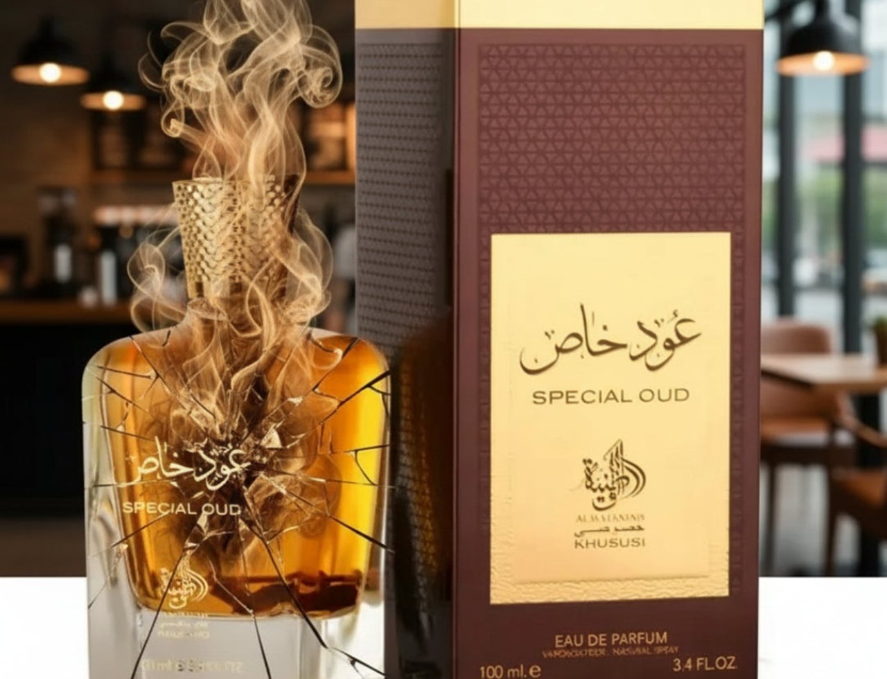 Al Wataniah Special Oud by Al Wataniah – Botol kaca pecah dengan asap keemasan keluar, kotak coklat bertekstur di sebelah kanan, latar belakang kafe samar.