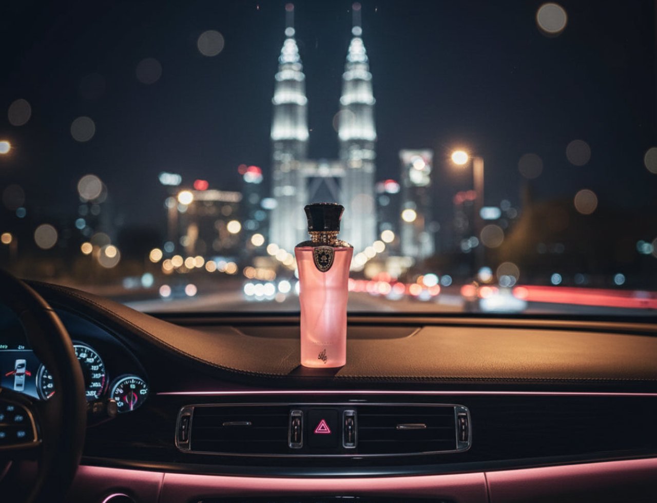 Al Wataniah Tibyan by Al Wataniah 100 ml EDP Women — Botol wangian merah jambu diletakkan di atas papan pemuka kereta pada waktu malam dengan latar belakang bandar KLCC yang terang