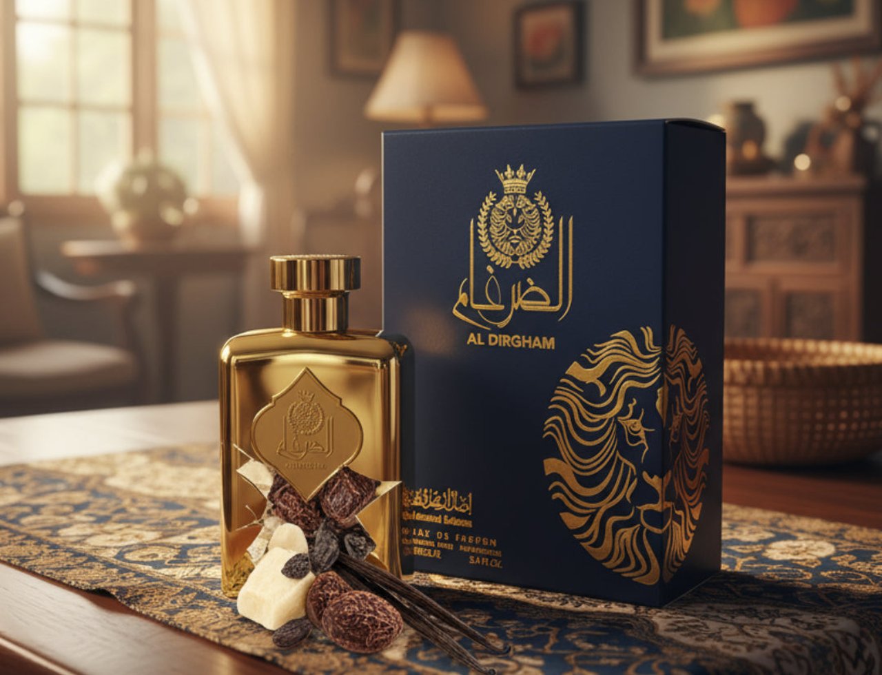 Ard Al Zaafaran Al Dirgham — Gold perfume bottle and navy box with gold emblem, on a patterned cloth with vanilla beans and