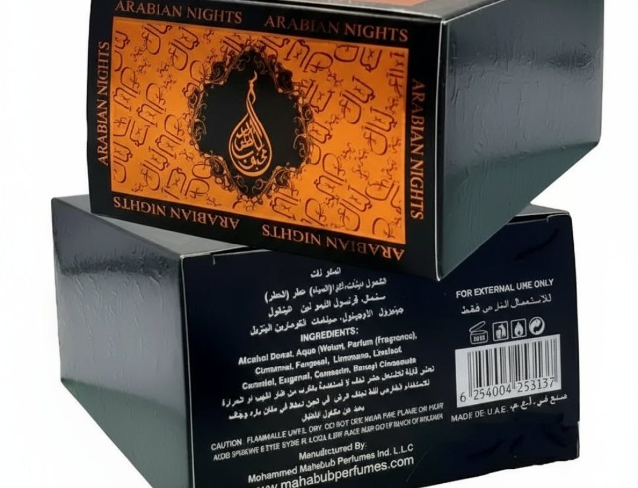 Ard Al Zaafaran Arabian Night – Kotak wangian lelaki, reka bentuk Arabik, warna oren dan hitam, dengan tulisan Arab dan perkataan 'Arabian Nights'.