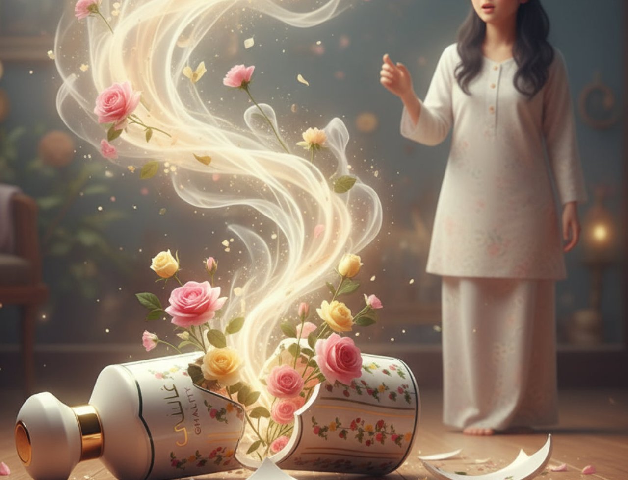 Ard Al Zaafaran Ghality by Ard Al Zaafaran 100ml EDP Women — Botol kaca pecah dengan bunga ros dan asap keemasan melambung keluar, seorang wanita terkejut di latar belakang.