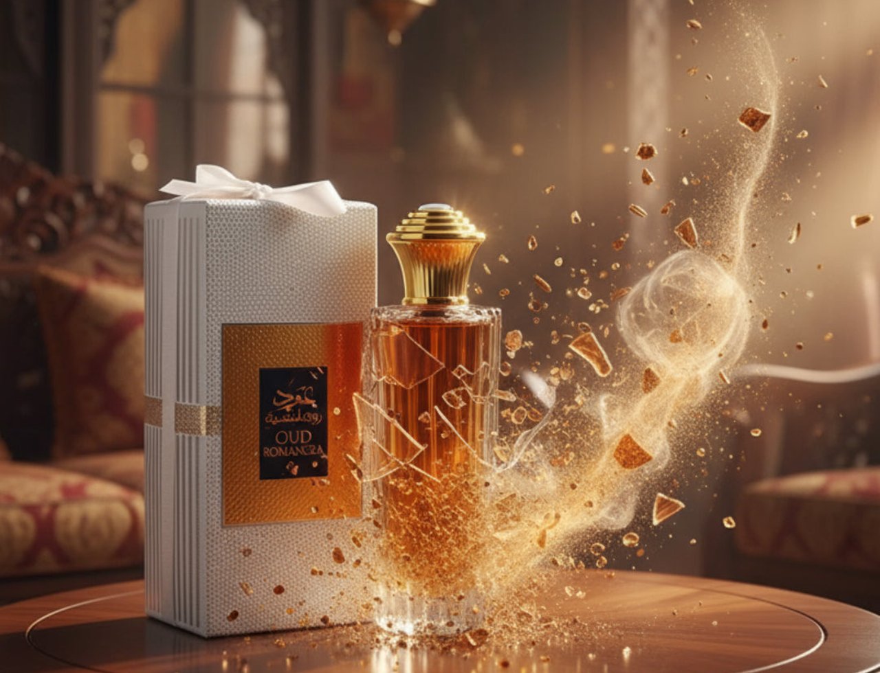 Ard Al Zaafaran Oud Romancea — Perfume bottle and gift box on a wooden table with golden particles exploding outwards.