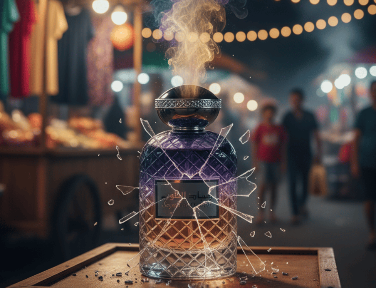 Ard Al Zaafaran Sayaad Al Quloob — Shattered glass perfume bottle with colorful smoke rising at a night market.