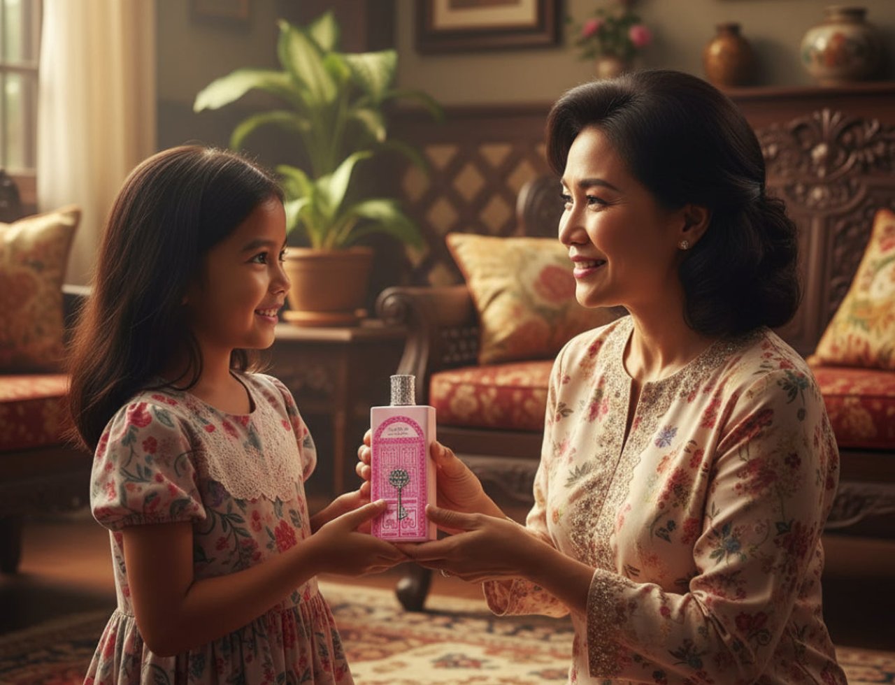 Ard Al Zaafaran Bab Al Wardi For Her — Mother and daughter hold pink perfume bottle, smiling in a living room.