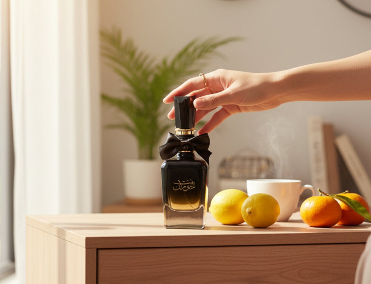 Ard Al Zaafaran Bint Hooran by Ard Al Zaafaran 100ml EDP — Tangan memegang penutup botol minyak wangi hitam yang dihiasi reben hitam dan emas, dengan buah oren dan lemon di atas meja kayu.