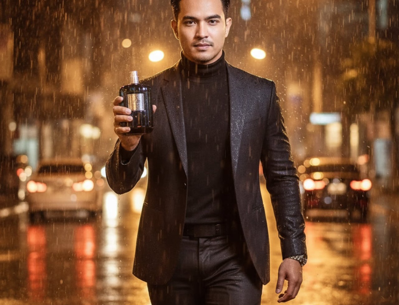Ard Al Zaafaran Dar Al Hae by Ard Al Zaafaran – 100 ml for Men – Lelaki kacak pegang botol wangian di waktu malam hujan, memakai sut hitam, latar belakang jalan raya dengan kereta dan lampu jalan