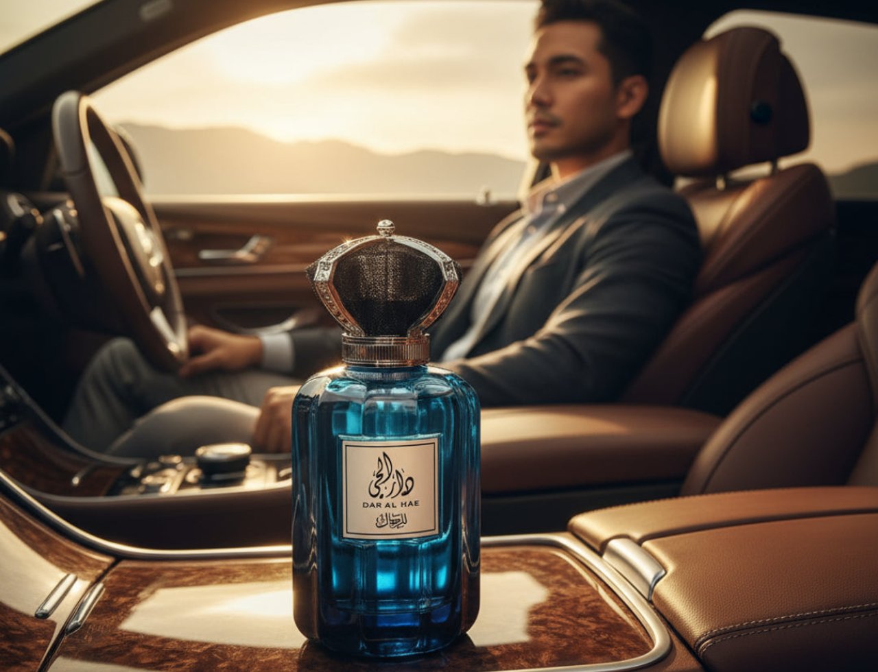 Ard Al Zaafaran Dar Al Hae – Blue glass bottle with ornate crown cap sits on car console, man drives in background