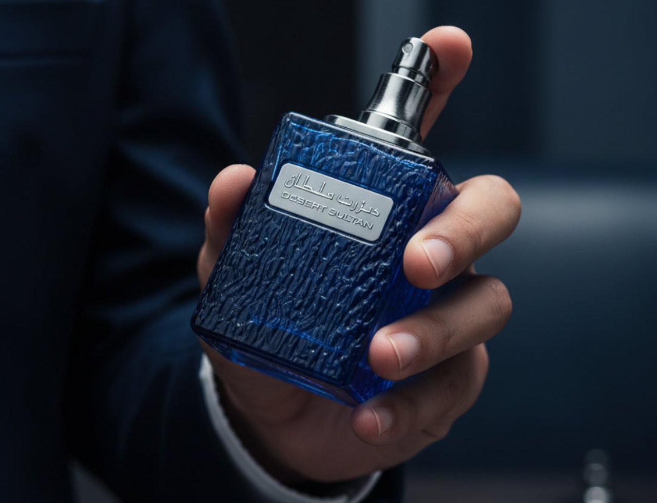 Ard Al Zaafaran Desert Sultan Sapphire — Man's hand holding blue textured glass perfume bottle with silver cap