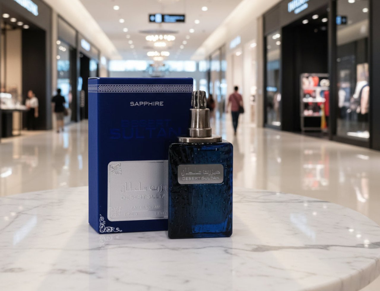 Ard Al Zaafaran Desert Sultan Sapphire — Kotak biru gelap dan botol kaca biru gelap diletakkan di atas meja marmar putih di dalam pusat membeli-belah