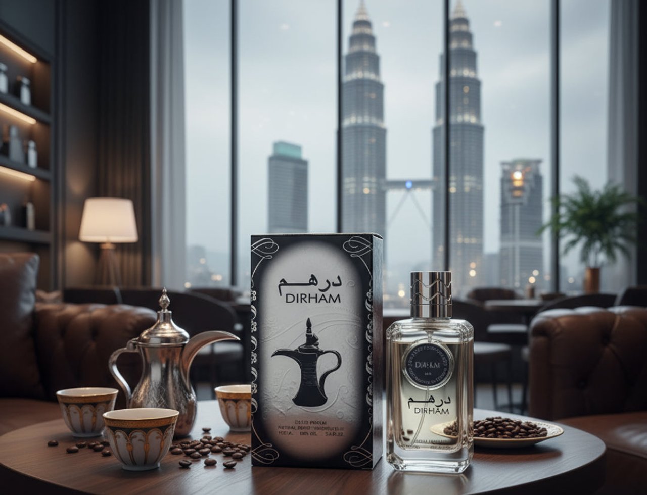 Ard Al Zaafaran Dirham By Ard Al Zaafaran Perfume For Him 100ml — Perfume bottle and box on table with coffee cups and