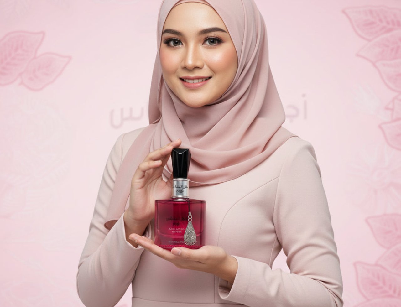 Ard Al Zaafaran Ajmal Ehsas Bloom by Ard Al Zaafaran 100ml — Wanita bertudung merah jambu memegang botol minyak wangi merah jambu dengan penutup hitam dan loket perak