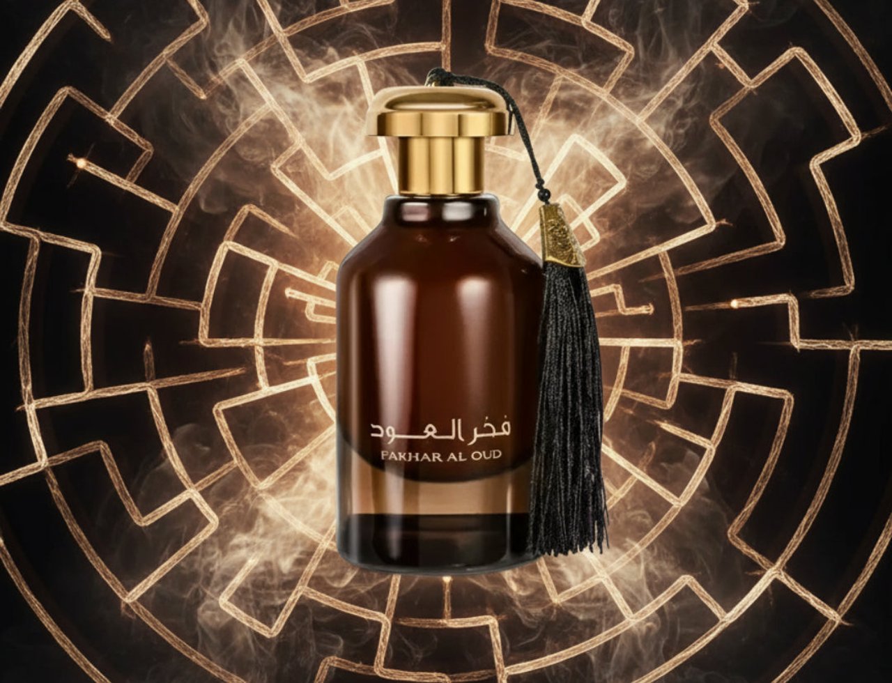 Ard Al Zaafaran Fakhar Al Oud — Amber glass perfume bottle with gold cap and black tassel, set against a glowing, geometric