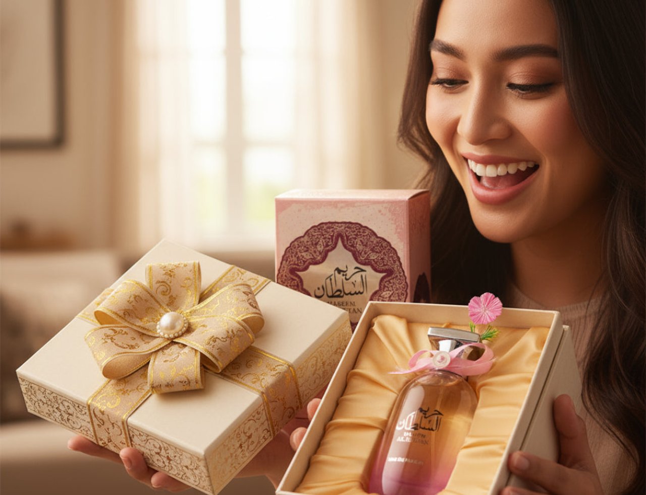 Ard Al Zaafaran Hareem Al Sultan — Woman smiles holding two gift boxes, one open with perfume, another closed with a bow.