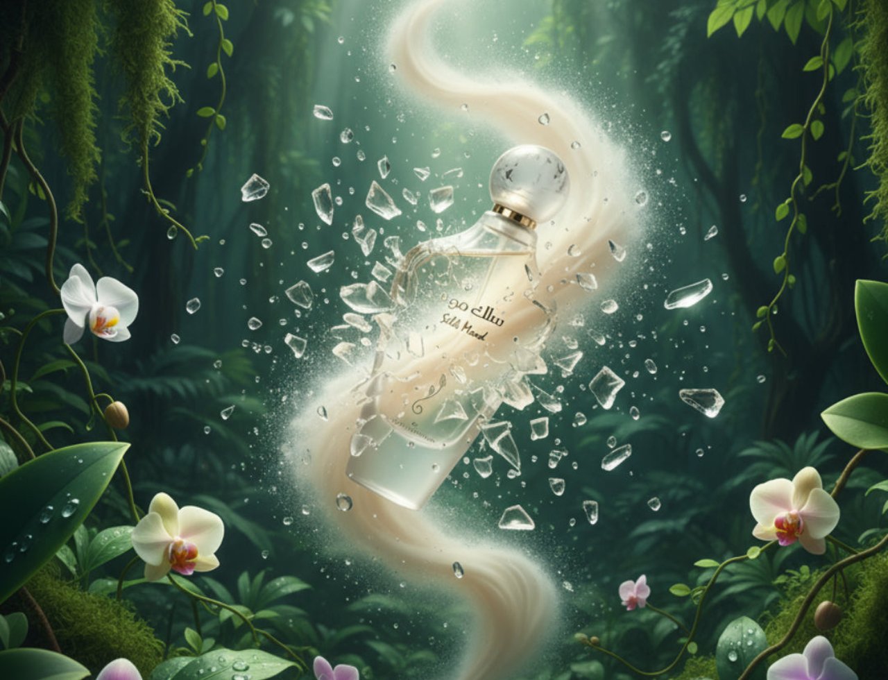 Ard Al Zaafaran Silk Mood — Fragrance bottle shattering amidst lush green jungle foliage and orchids, with light rays.