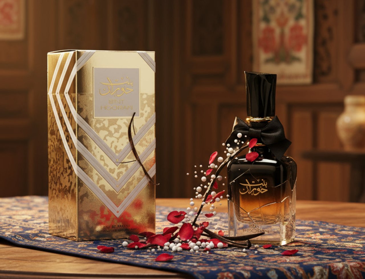 Ard Al Zaafaran Bint Hooran — Gold box and dark glass bottle with black bow, scattered rose petals and pearls on a patterned