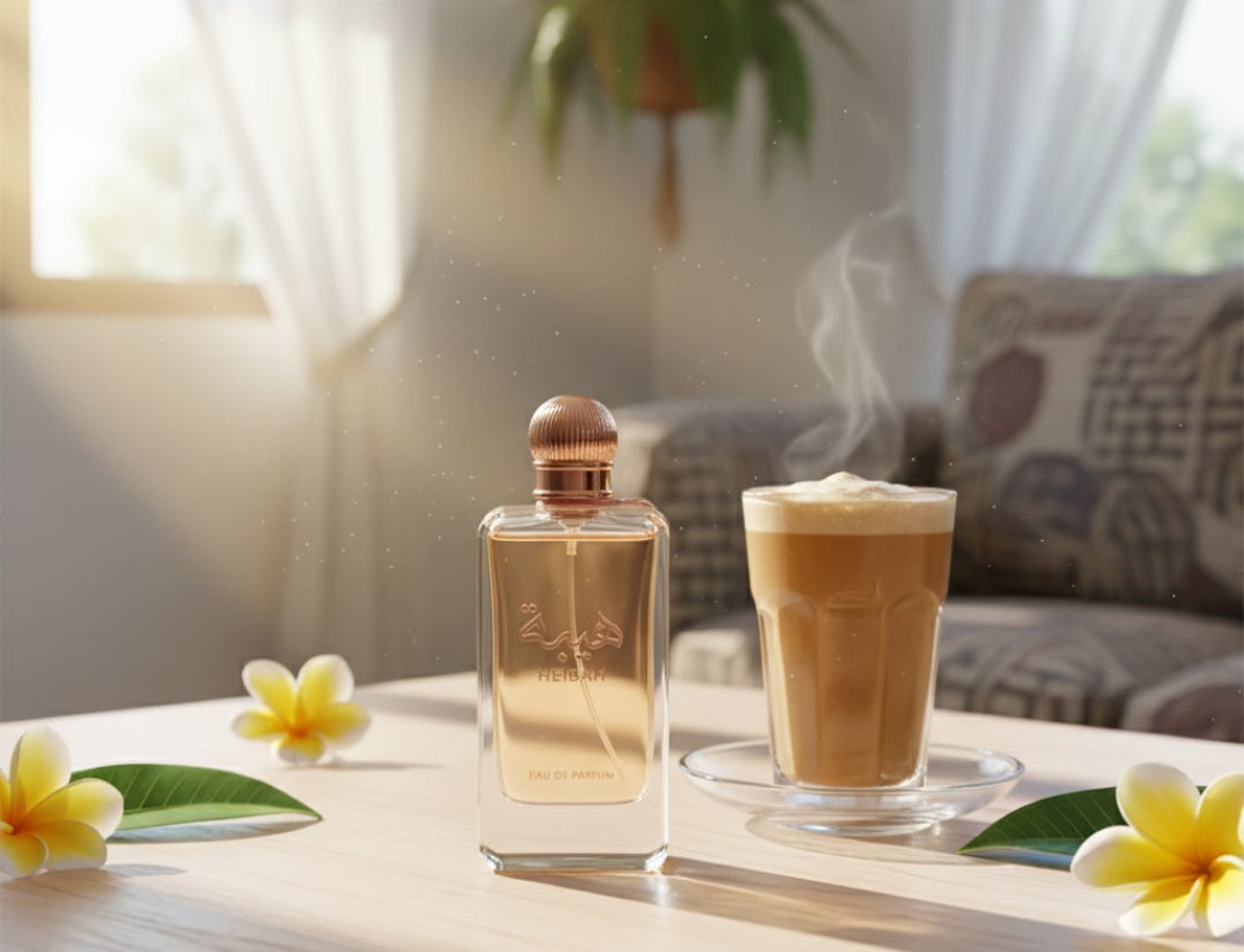 Ard Al Zaafaran Heibah — Perfume bottle next to a glass of coffee with steam, on a wooden table with flowers