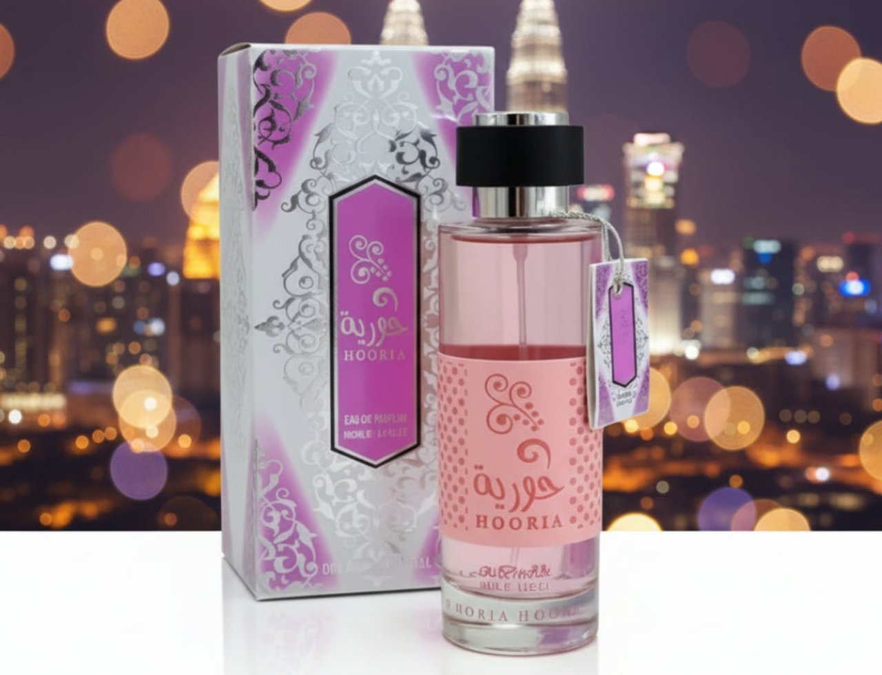 Ard Al Zaafaran Hooria by Ard Al Zaafaran for Her 100ml — Pink perfume bottle and box with ornate silver and pink design