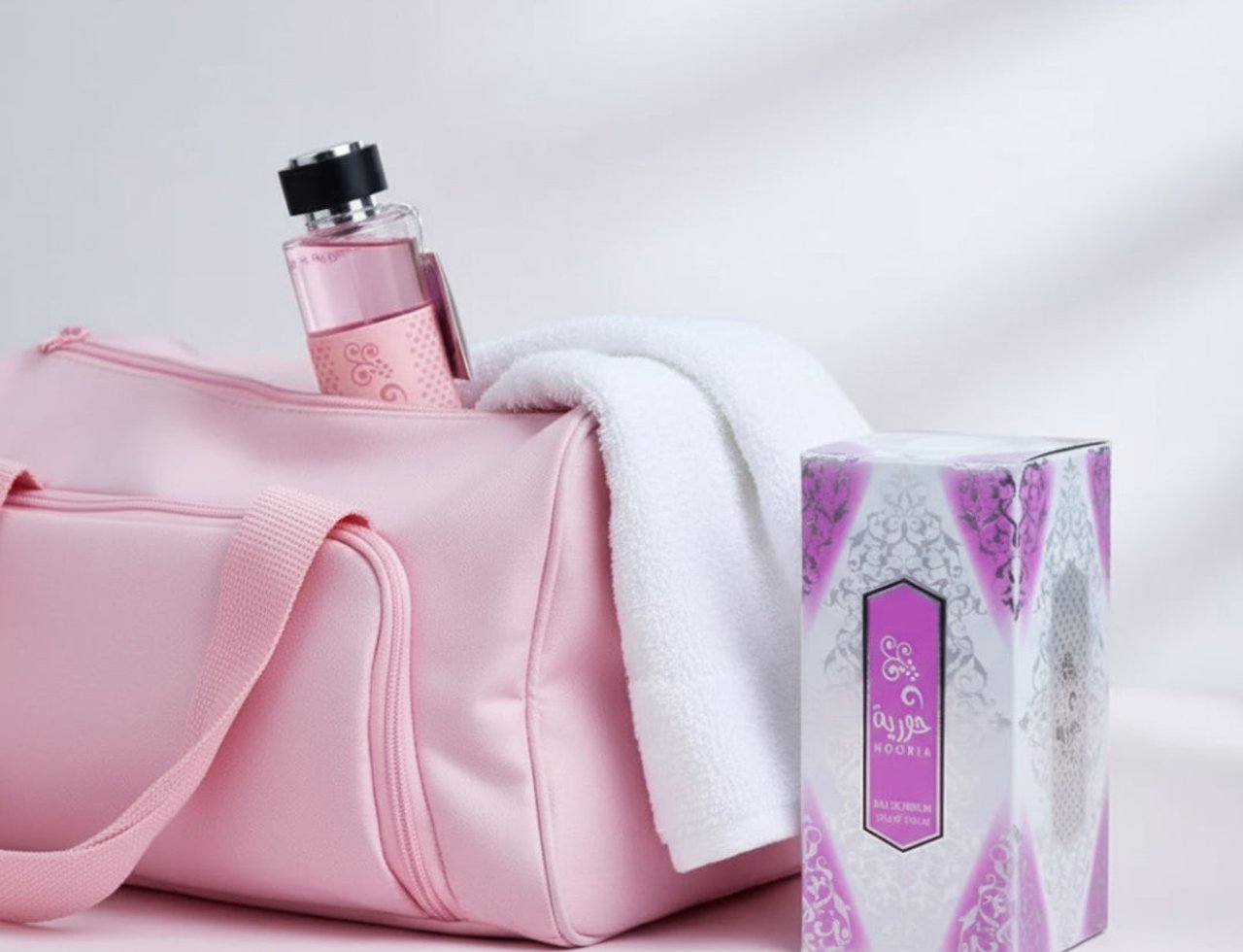 Ard Al Zaafaran Hooria by Ard Al Zaafaran for Her 100ml — Botol wangian merah jambu dalam beg sukan merah jambu, tuala putih, dan kotak wangi ungu