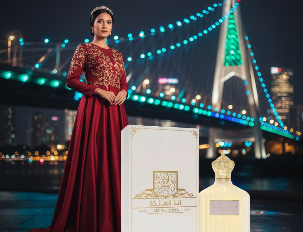 Ard Al Zaafaran I Am The Queen by Ard Al Zaafaran 100 ml for Women — Wanita memakai gaun merah berdiri di tepi jambatan malam, dengan kotak dan botol wangian di hadapan