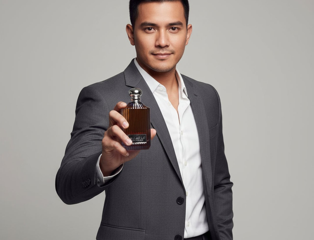 Ard Al Zaafaran I Am The King — Man in grey suit holds brown glass perfume bottle with silver cap.