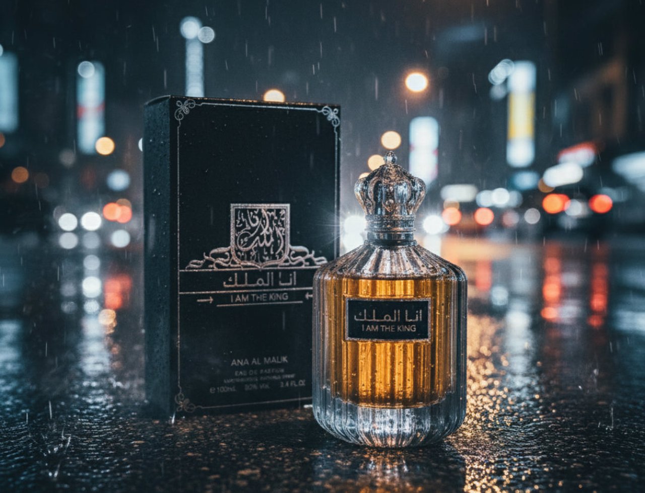 Ard Al Zaafaran I Am The King by Ard Al Zaafaran 100 ml Man — Botol dan kotak wangian di atas permukaan basah dengan lampu bandar berkilauan di latar belakang semasa hujan.