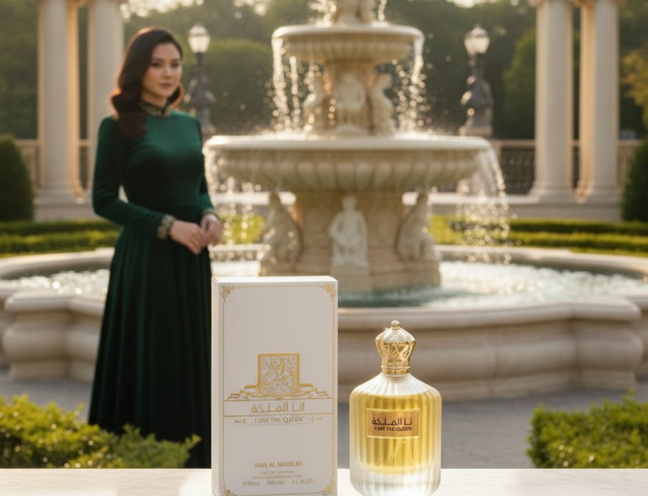 Ard Al Zaafaran I Am The Queen — Woman in green dress near fountain with perfume box and bottle on marble