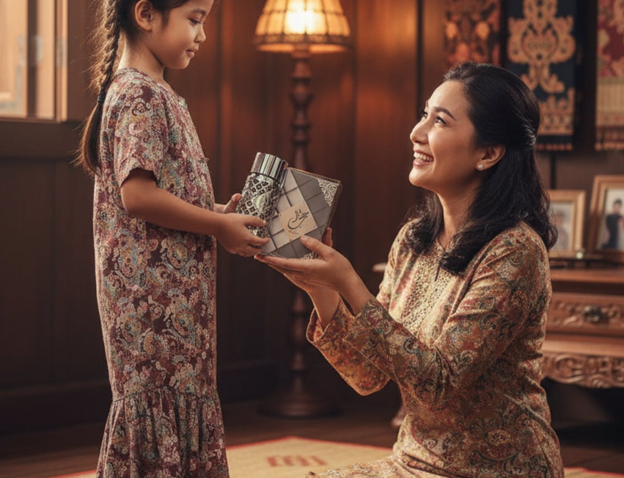 Ard Al Zaafaran Jazzab Silver — Seorang kanak-kanak perempuan bertudung memberikan hadiah kotak dan botol wangian kepada ibunya yang tersenyum, memakai baju kurung bercorak.