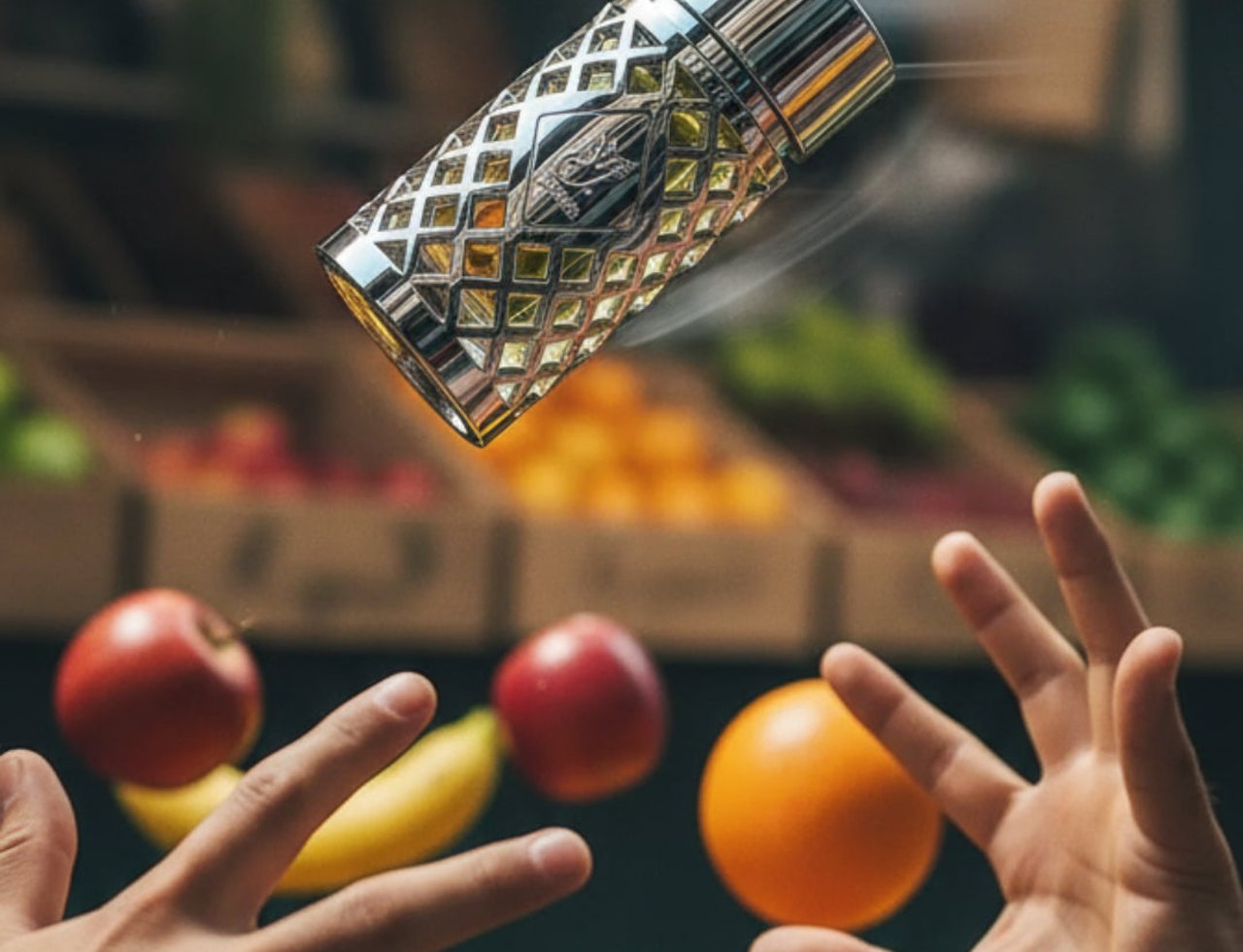 Ard Al Zaafaran Jazzab Silver — Perfume bottle suspended mid-air above hands catching fruit, with fruit crates in background.